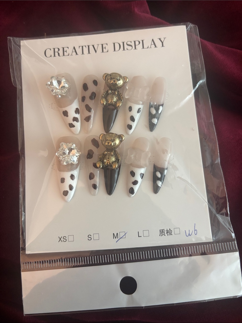 Gold Bear & Black White Heart Kids Press-On Nails